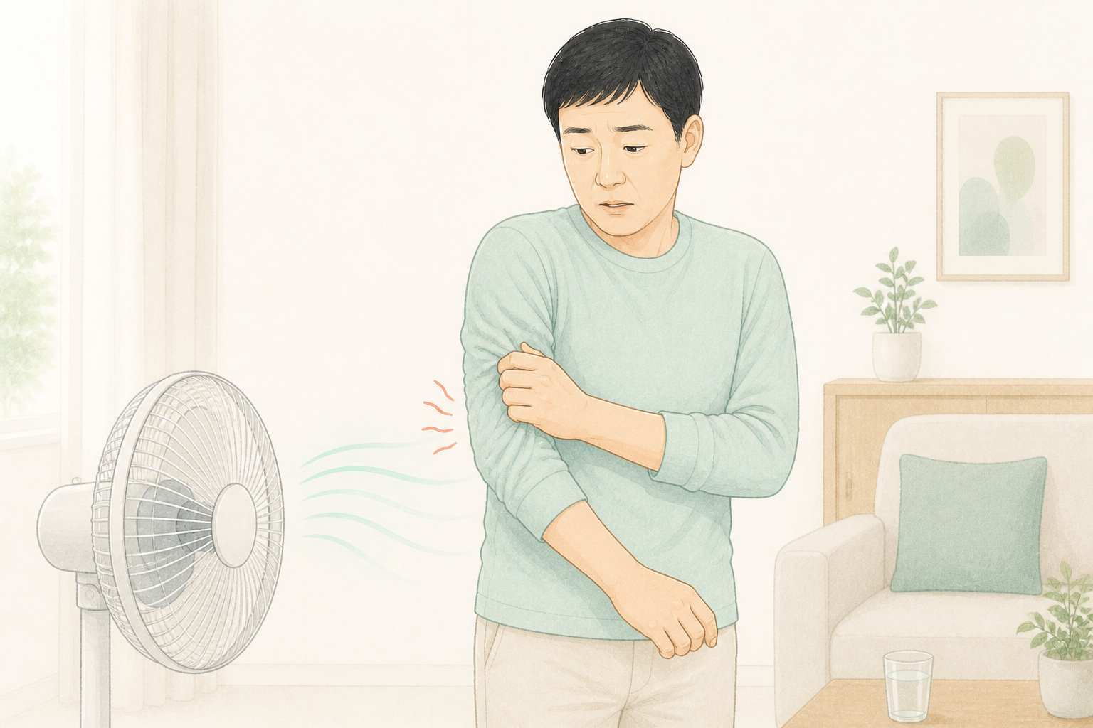 선풍기 바람에 오른팔이 시린 중년 환자와 상담하는 진료 장면