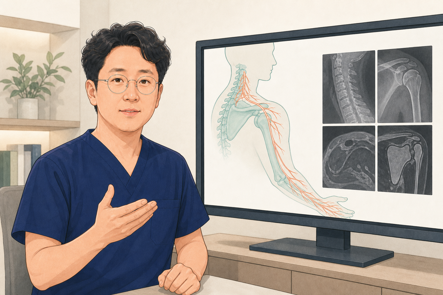 목과 어깨에서 팔로 이어지는 신경과 근육을 설명하는 진료 그림