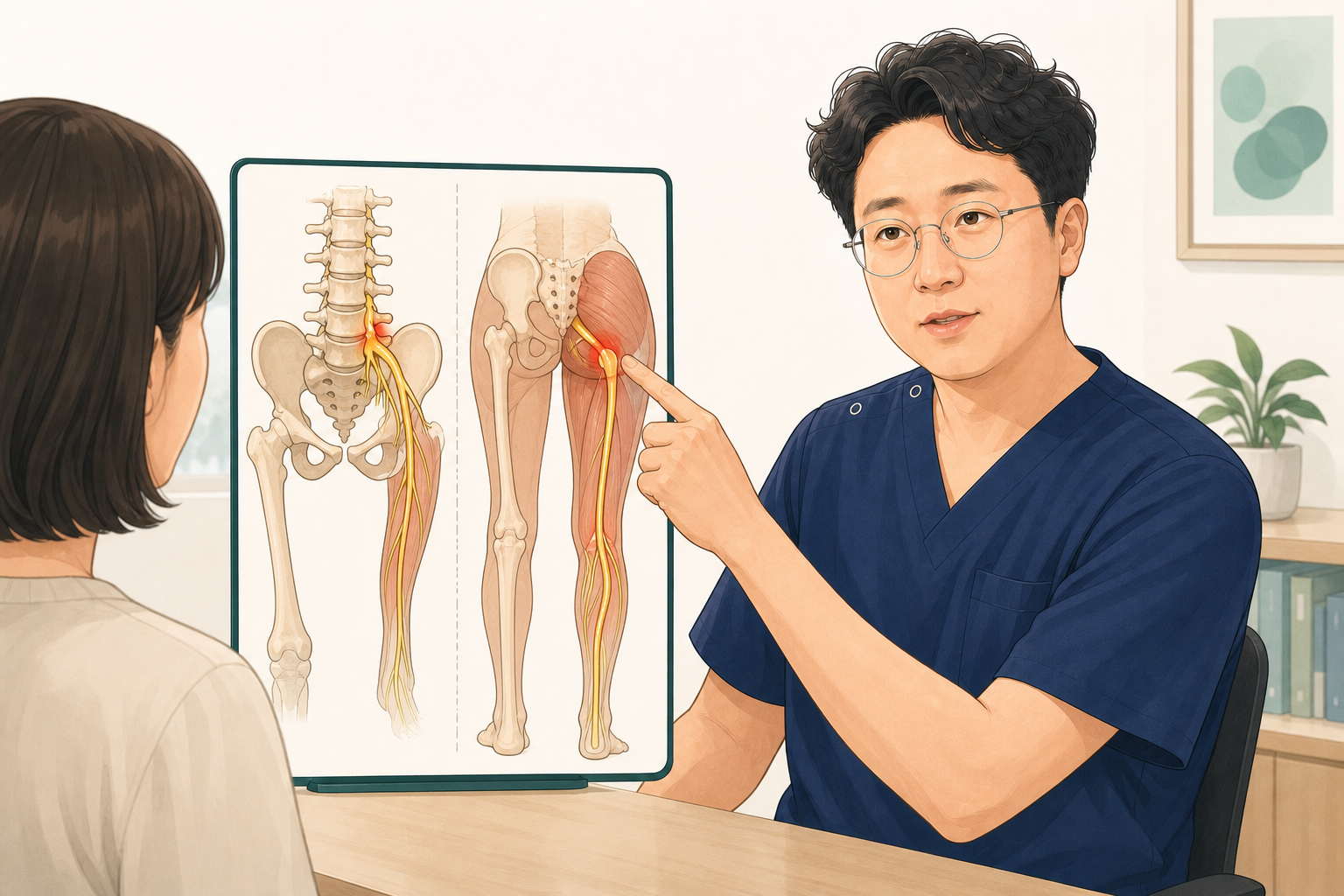 장회영 원장이 허리와 엉덩이를 지나는 좌골신경 경로를 환자에게 설명하는 장면