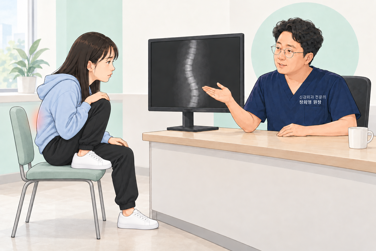 진료실에서 원장이 모니터에 띄운 옆으로 완만하게 휜 척추 X-ray를 손바닥으로 가리키며 설명하는 장면. 하늘색 후드티를 입은 학생은 한쪽 발을 의자 위에 올려 무릎을 가슴 쪽으로 세운 채 화면을 보고 있고 등 가운데 부위가 붉게 표시되어 있다.
