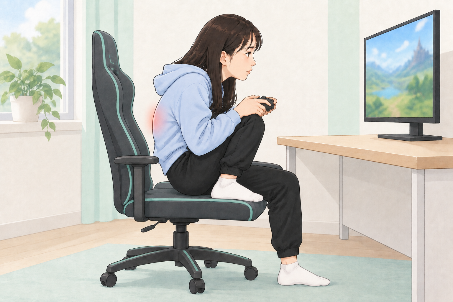 게임 의자에 앉은 학생이 한쪽 발을 의자 위에 올려 무릎을 세우고 등을 둥글게 만 채 고개를 모니터 쪽으로 내밀고 게임 컨트롤러를 든 옆모습. 등 가운데 부위가 붉게 표시되어 있다.