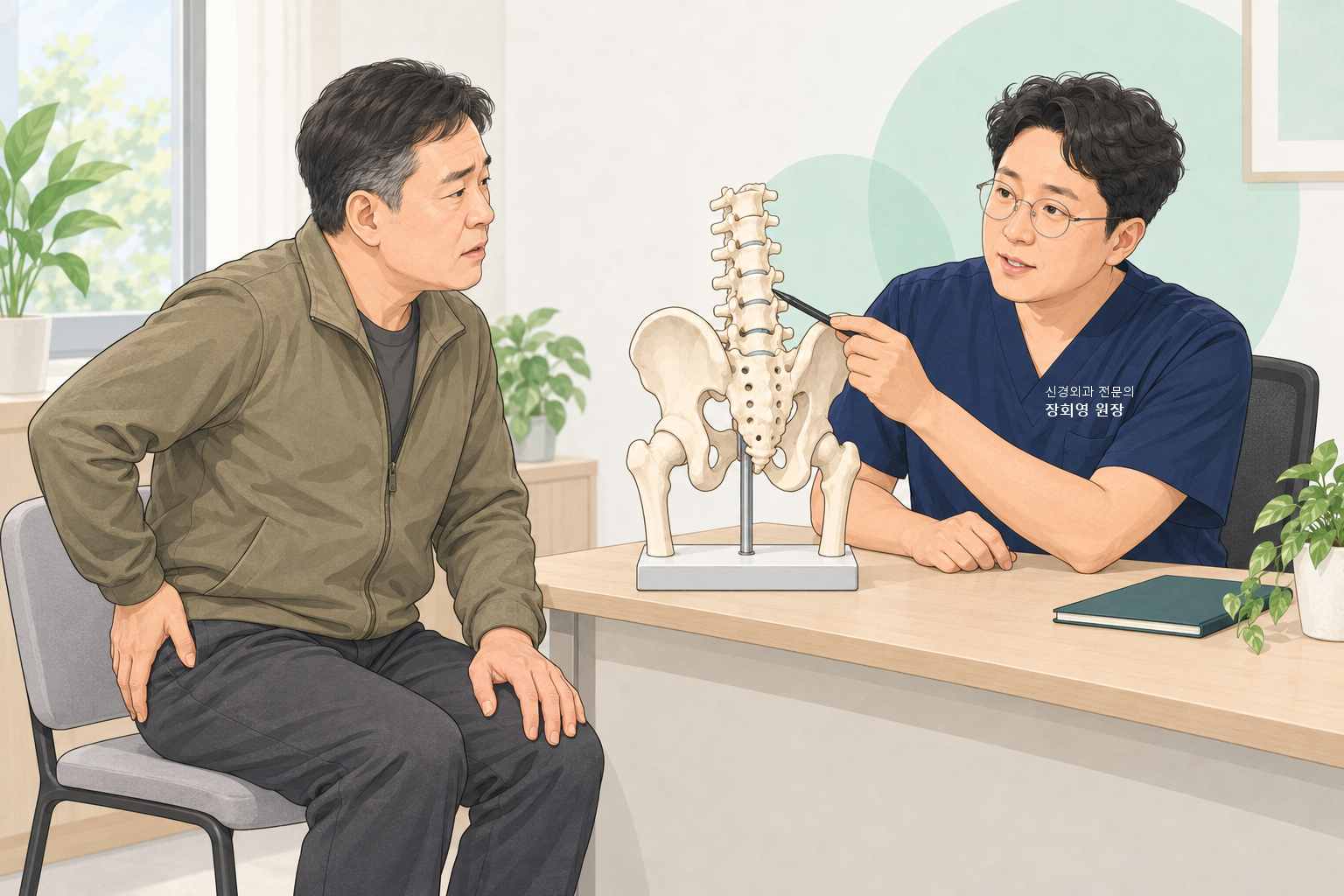진료실에서 장회영 원장이 책상 위 척추·골반 모형의 아래 허리를 펜으로 가리키며 설명하고, 50대 남성 환자가 오른손을 엉덩이 뒤쪽에 댄 채 모형을 보는 장면