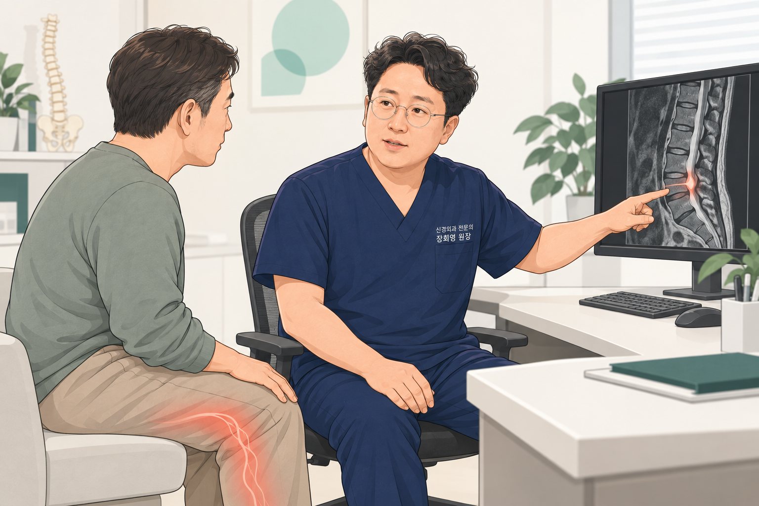 설명용 일러스트. 신경외과 진료실에서 장회영 원장이 요추 MRI 화면을 가리키며 다리가 저린 남성 환자에게 설명하는 모습