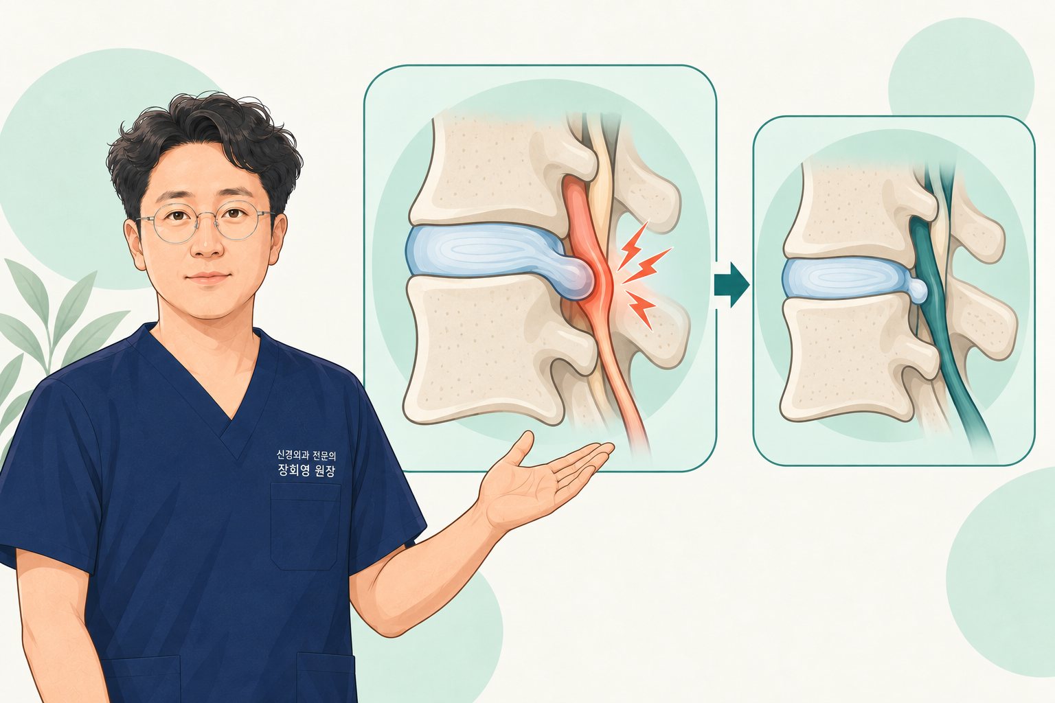 설명용 일러스트. 요추 옆면 도해 두 장으로, 왼쪽은 탈출한 디스크 조각이 신경뿌리를 누르는 모습, 오른쪽은 조각이 줄어들어 신경이 편안해진 모습. 장회영 원장이 도해를 가리키고 있음