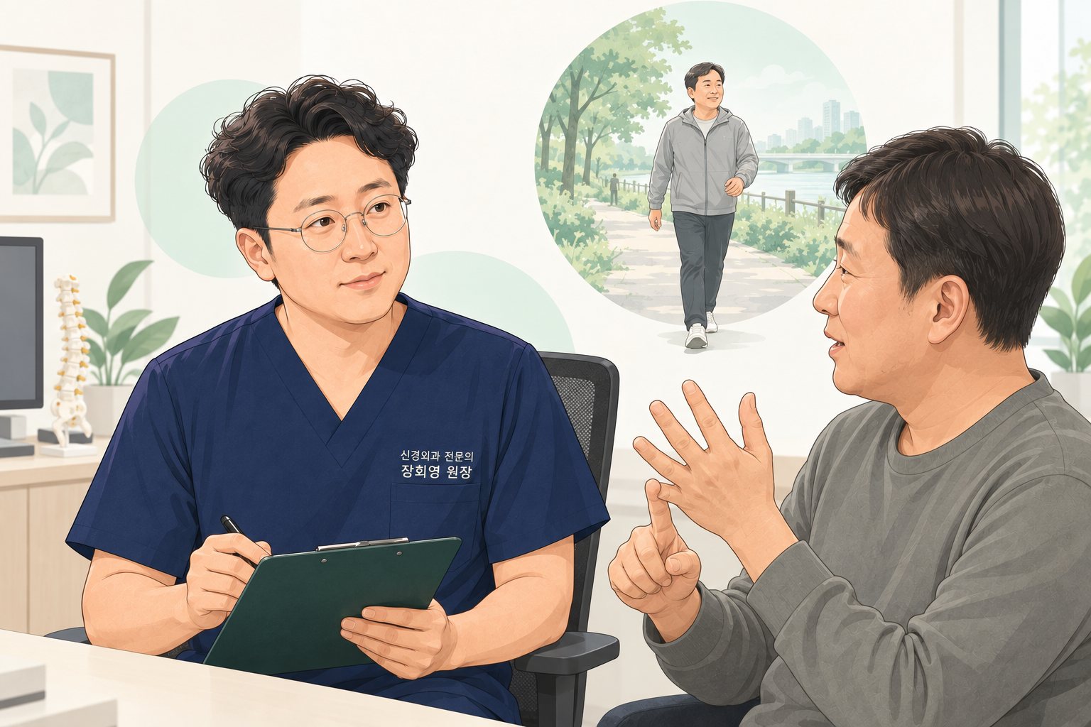 설명용 일러스트. 장회영 원장이 기록판을 들고 남성 환자가 주사 뒤 변화를 손가락으로 세어 설명하는 것을 듣고 있고, 뒤쪽 창에는 같은 환자가 공원길을 걷는 모습