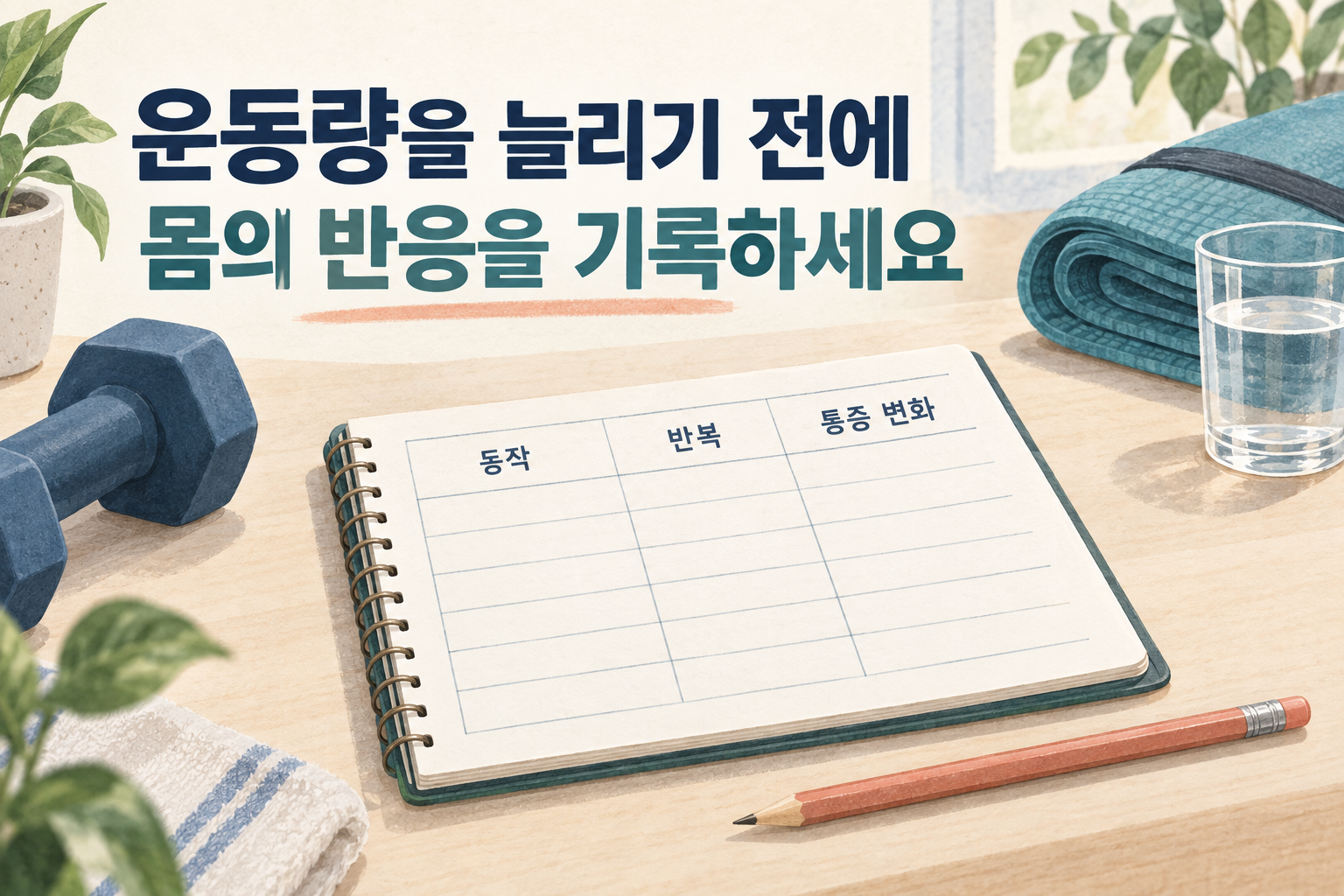 운동 동작과 반복, 통증 변화를 기록하는 노트 일러스트