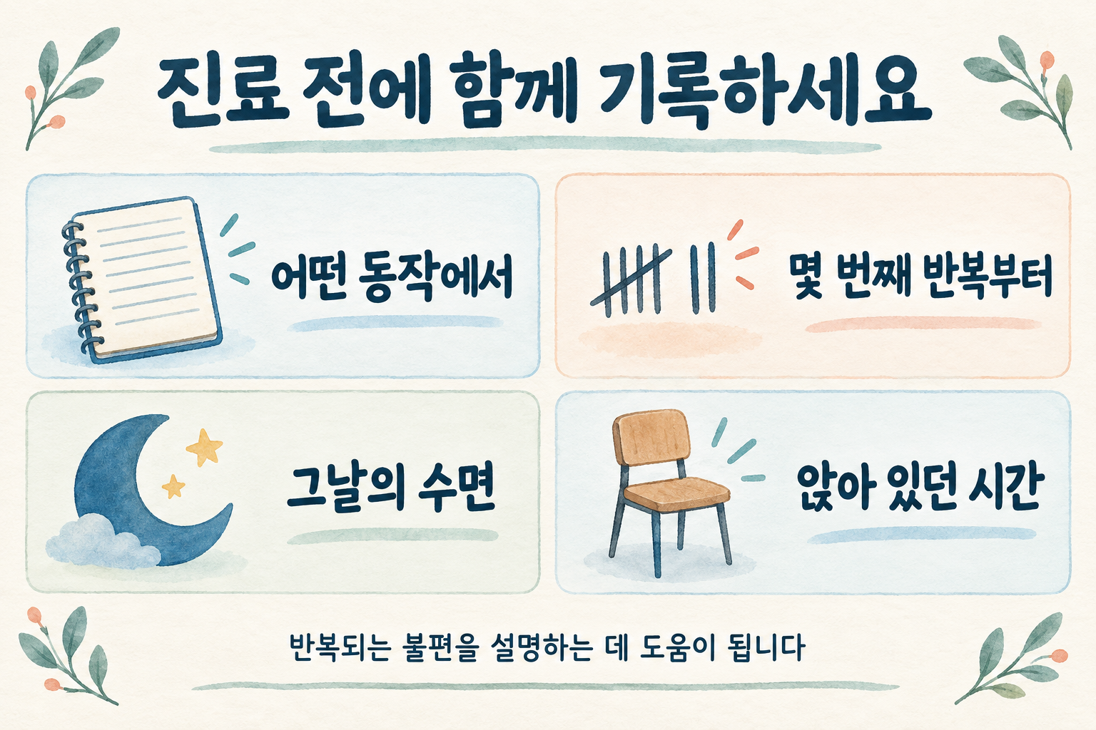 진료 전에 기록할 동작, 반복, 수면, 앉아 있던 시간 네 항목