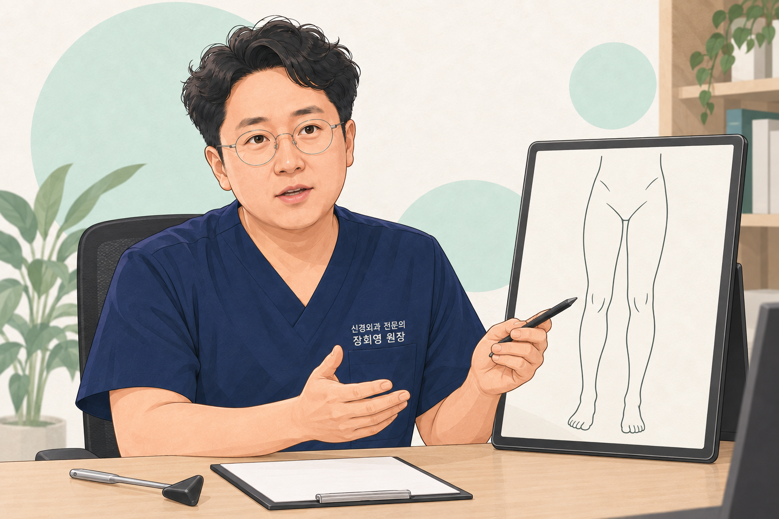 다리 저림 증상을 설명하는 장회영 원장의 상담 일러스트