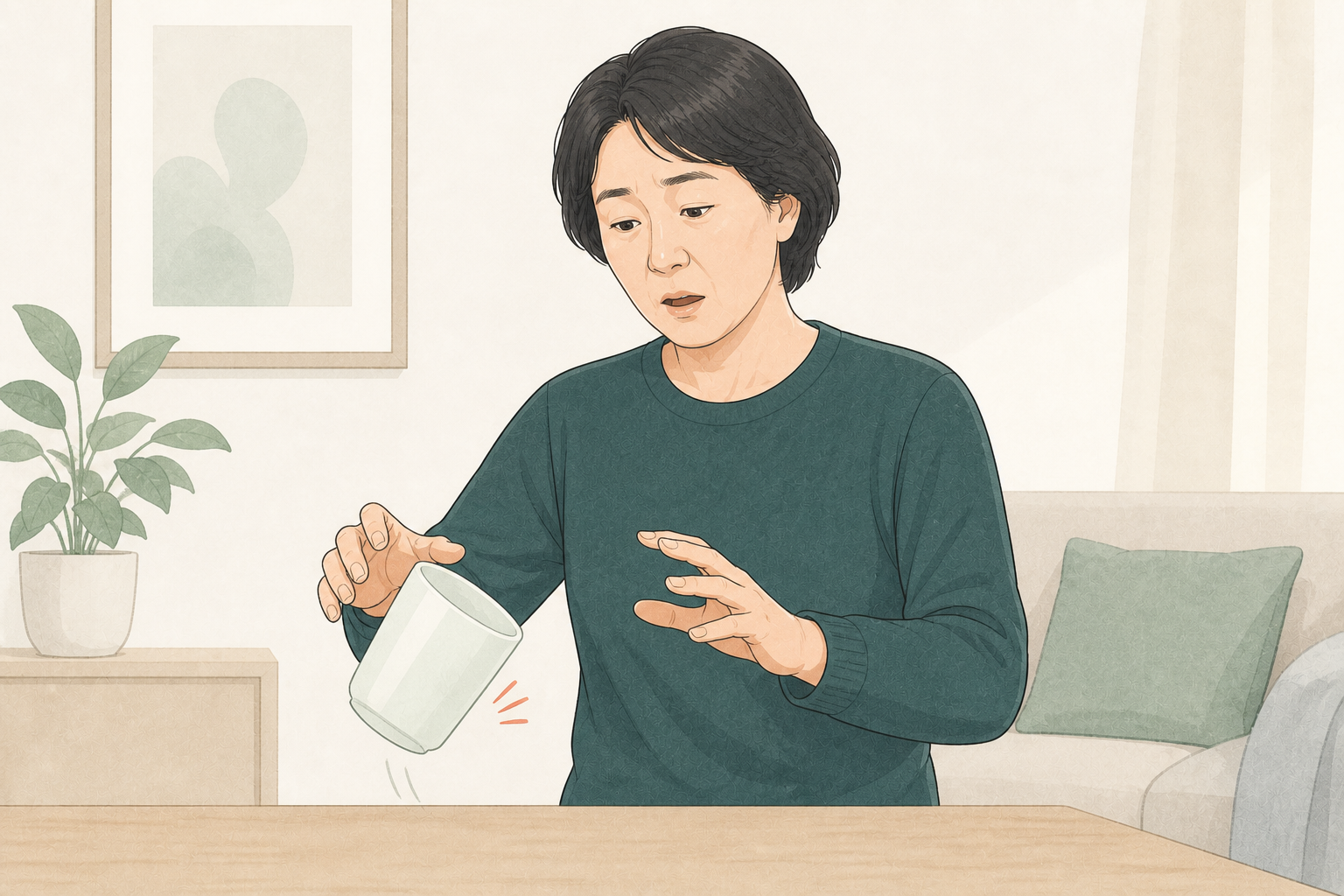 한 손에서 컵이 미끄러지는 중년 환자의 생활 장면