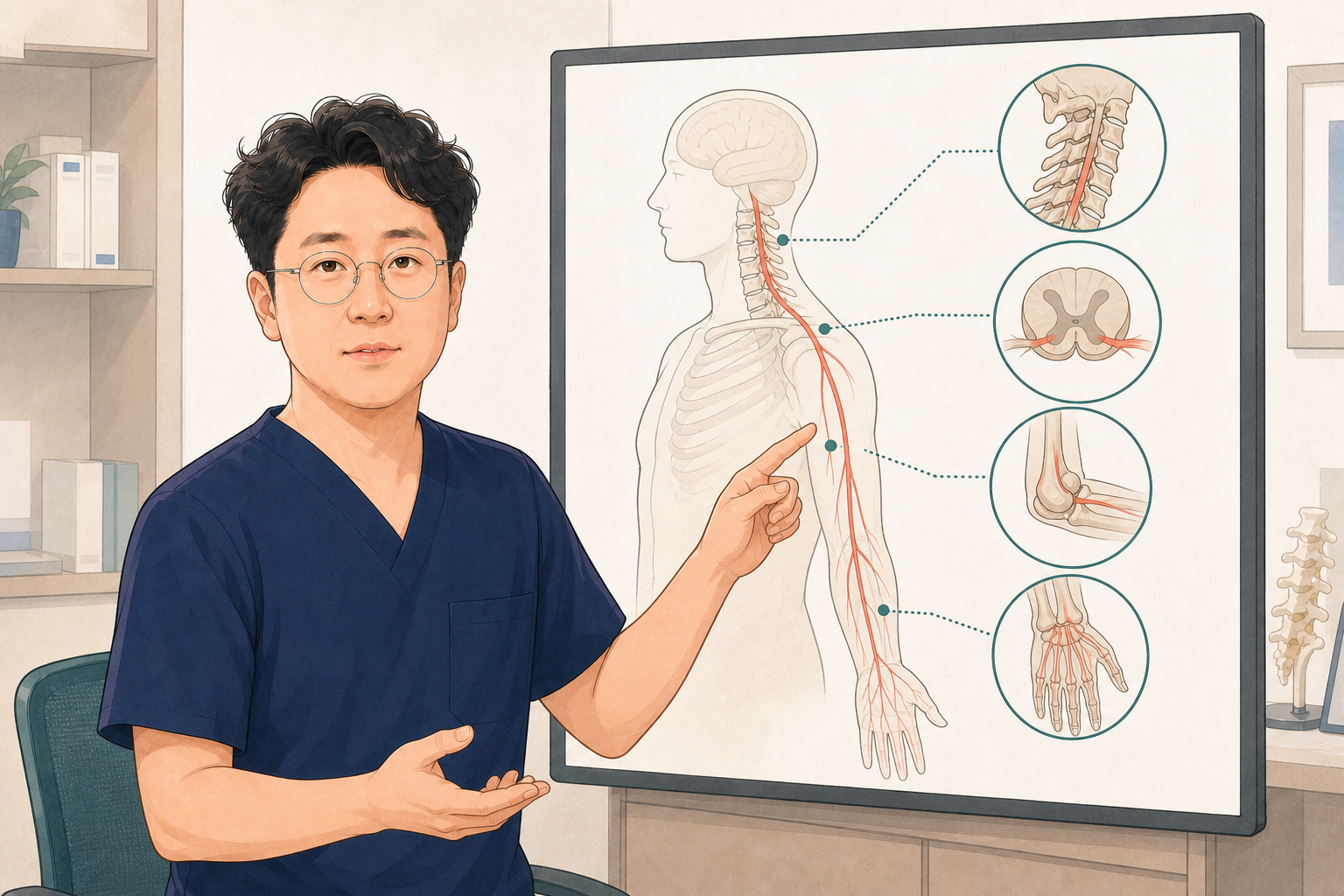 장회영 원장이 목에서 손까지 이어지는 신경 경로를 설명하는 그림