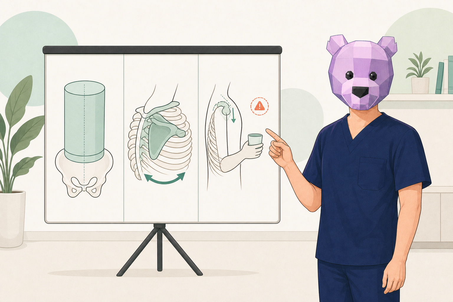 Team CareFlow 곰돌이 실장이 복압과 견갑골 움직임, 팔 사용 부하를 설명하는 그림