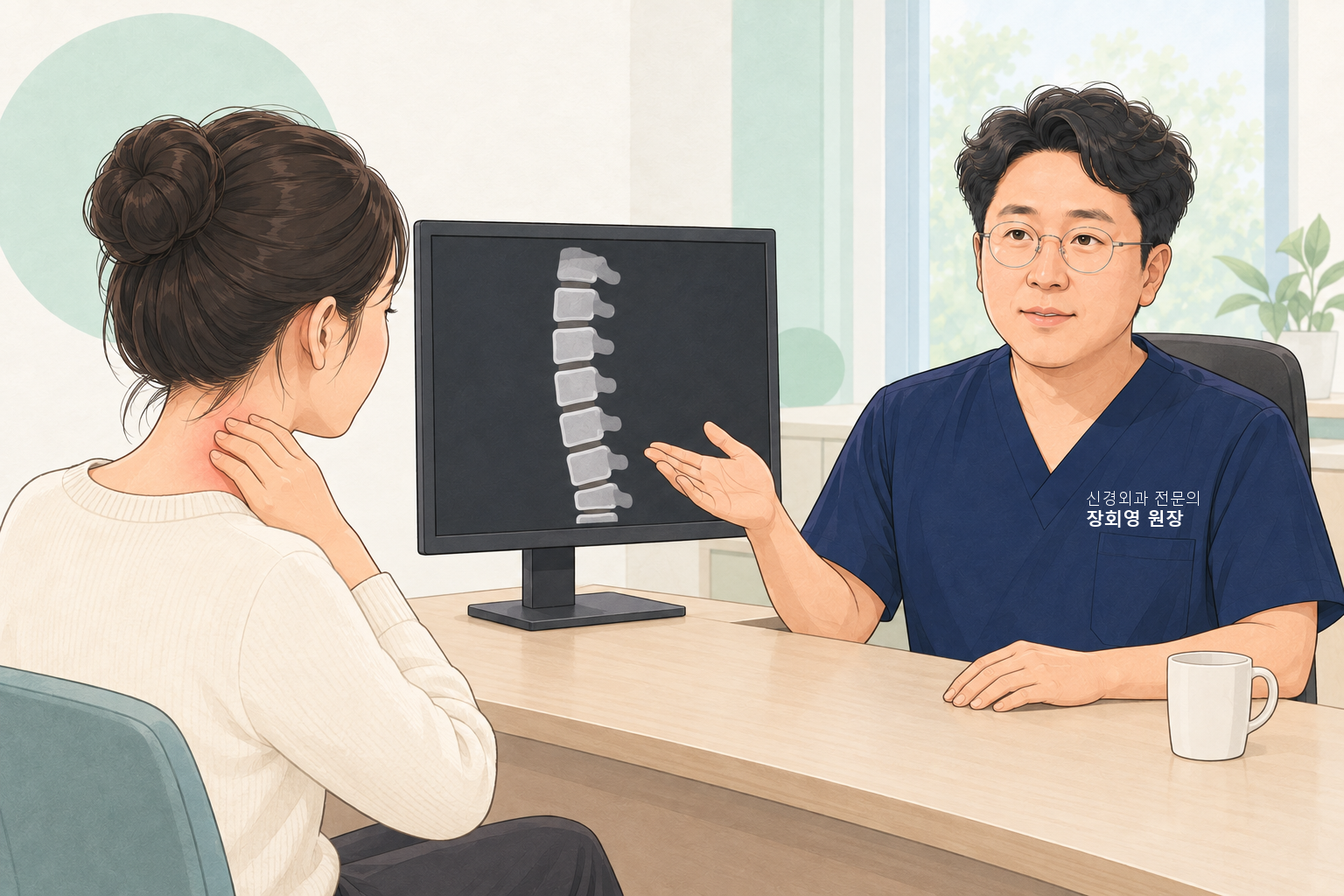 진료실에서 원장이 모니터에 띄운 곧은 목뼈 옆모습 그림을 손바닥으로 가리키며 설명하는 장면. 크림색 니트를 입은 환자는 등을 보인 채 화면을 보며 오른손으로 오른쪽 목 뒤옆을 짚고 있고 그 부위가 붉게 표시되어 있다.
