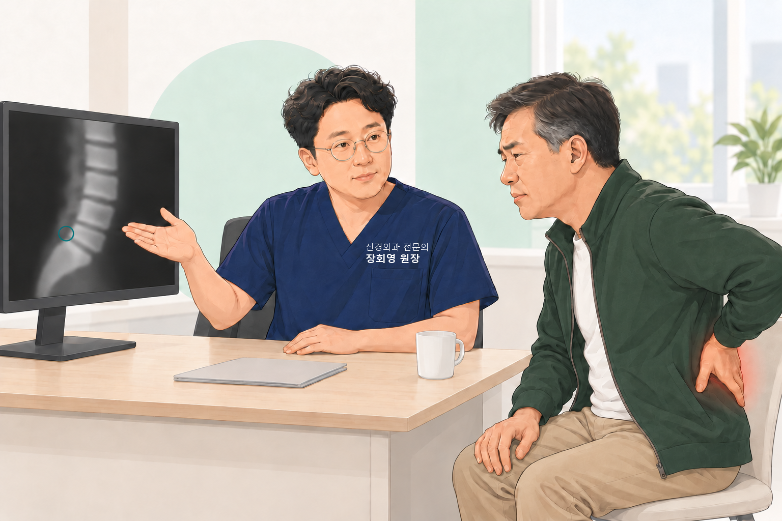 진료실에서 원장이 모니터에 띄운 허리 옆모습 X-ray를 손바닥으로 가리키며 설명하고, 초록 점퍼를 입은 중년 남성 환자가 한 손으로 허리 뒤쪽을 짚은 채 화면을 보는 장면. 화면의 맨 아래 허리뼈 뒤쪽에 청록 동그라미 표시가 있다.