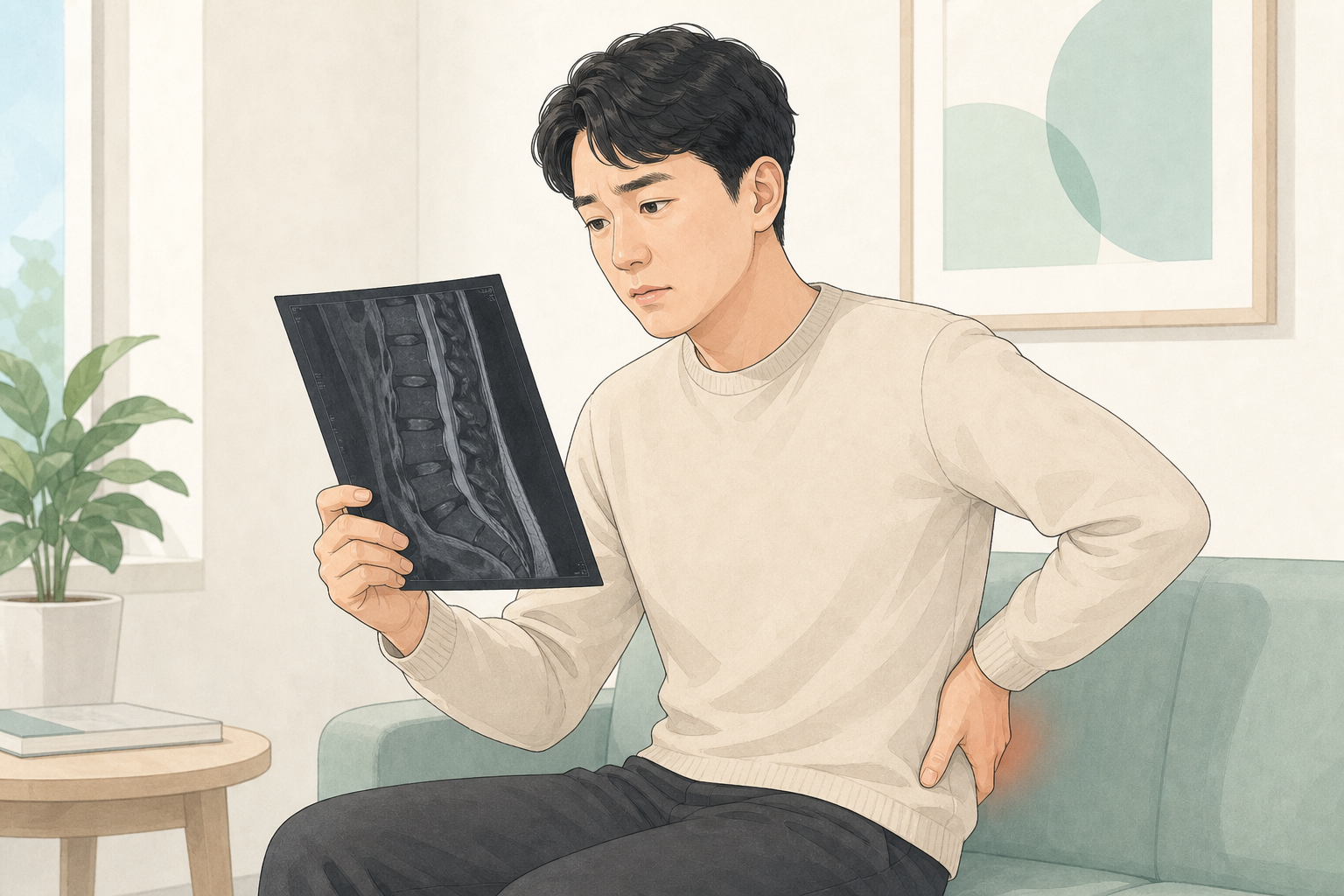MRI에 보이는 허리 디스크 소견을 살피며 허리를 짚고 있는 환자
