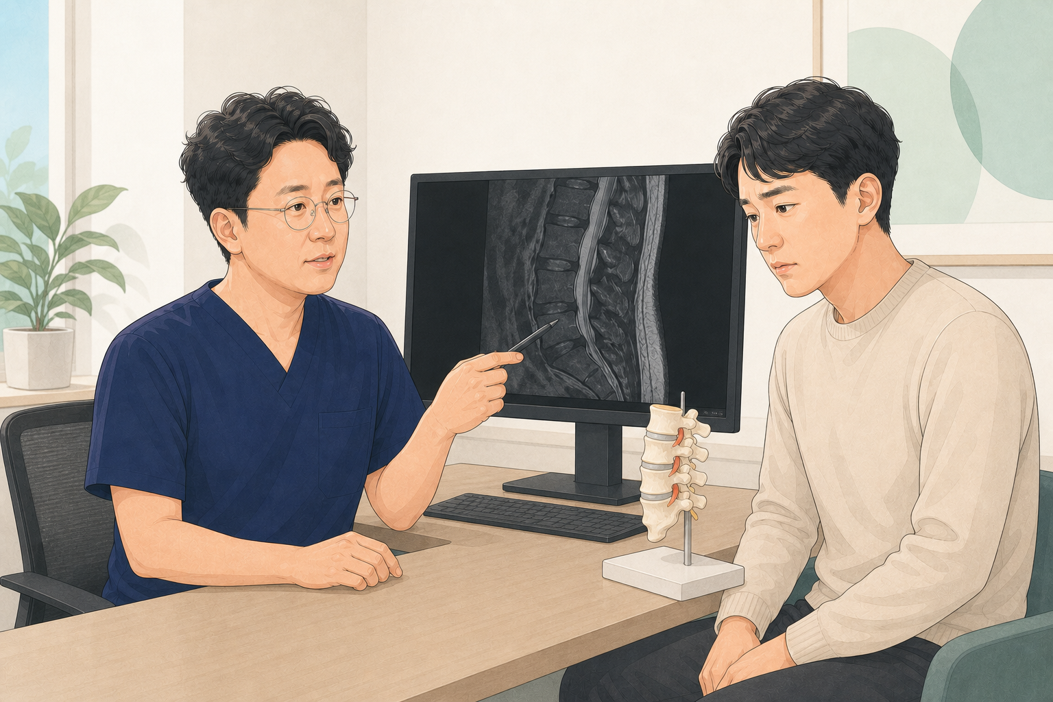 장회영 원장이 환자에게 허리 MRI와 척추 모형으로 디스크 소견을 설명하는 장면