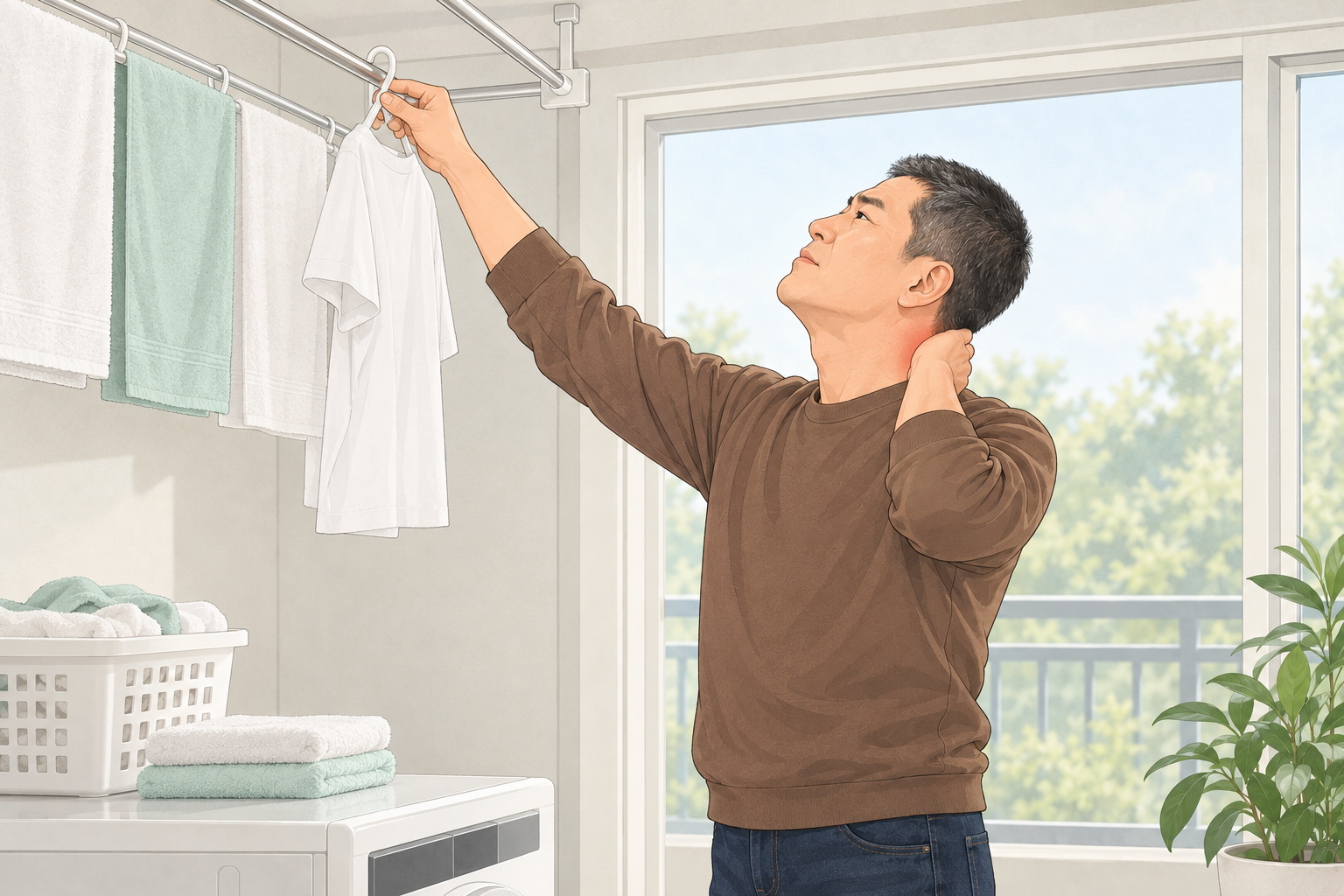 베란다 천장 건조대에 흰 티셔츠를 건 옷걸이를 걸며 고개를 뒤로 젖힌 짧은 머리의 중년 남성이 다른 손으로 목 뒤를 짚은 그림. 손 둘레의 목에 옅은 붉은 표시가 있다.