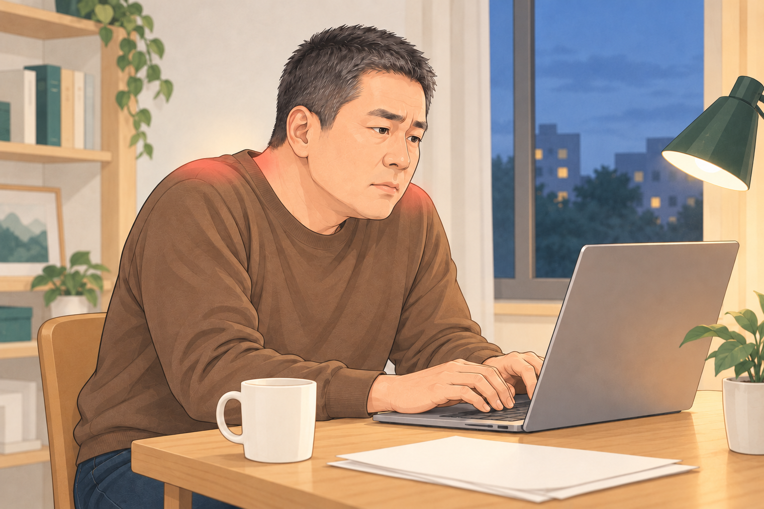 저녁에 책상 앞에 앉아 노트북 자판을 치는 짧은 머리의 중년 남성이 어깨를 조금 올린 채 피곤한 얼굴로 화면을 보는 그림. 양쪽 어깨 위와 목 옆에 옅은 붉은 표시가 있다.