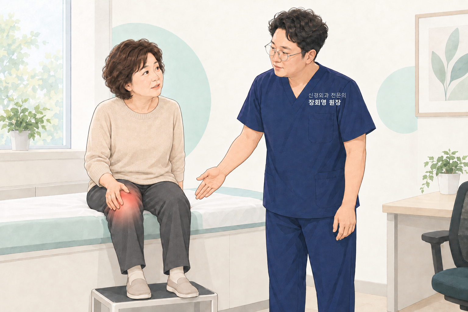 설명용 일러스트 | 한쪽 무릎만 아파도 진찰에서는 반대쪽 다리도 같이 확인합니다.