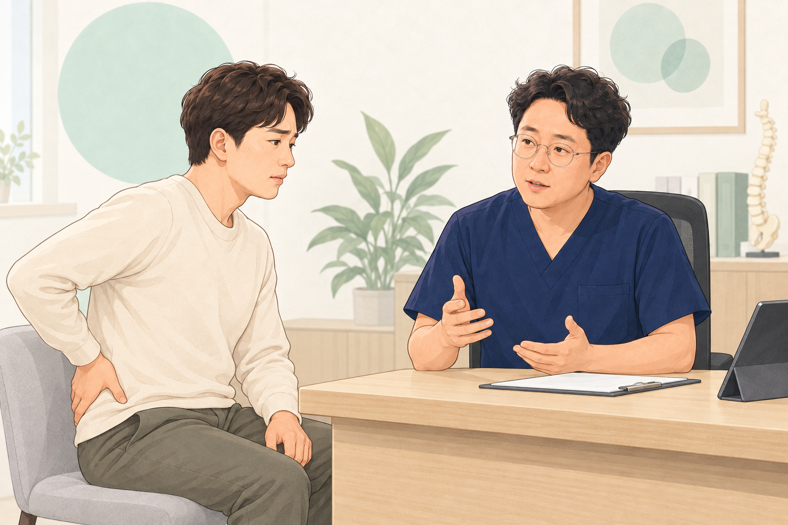 검사 결과를 설명받으며 통증을 상담하는 환자와 장회영 원장