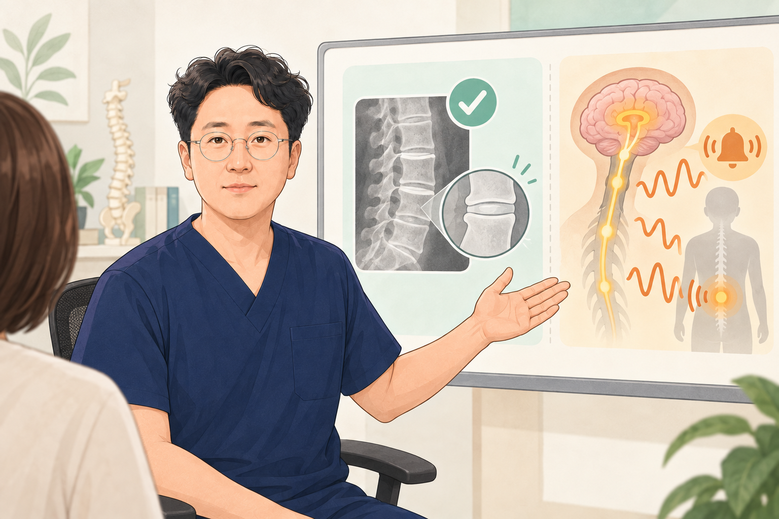영상검사 결과와 예민해진 통증 경보를 함께 설명하는 장면