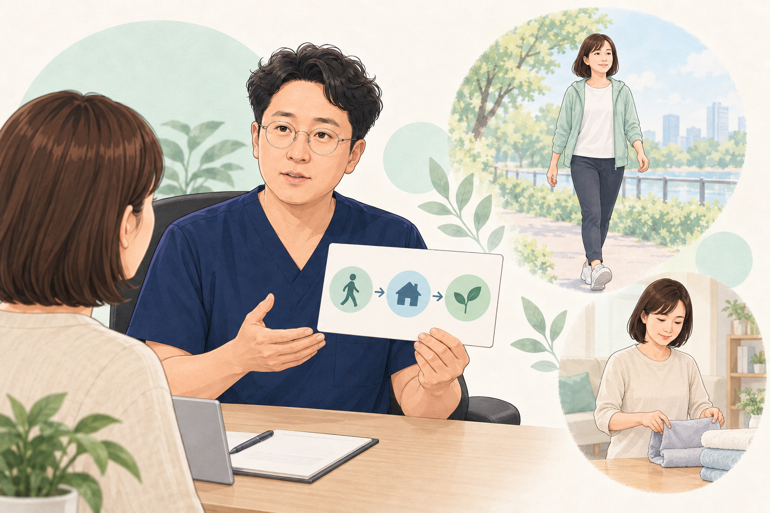 생활 반응을 확인하며 걷기와 활동량을 조절하는 장면