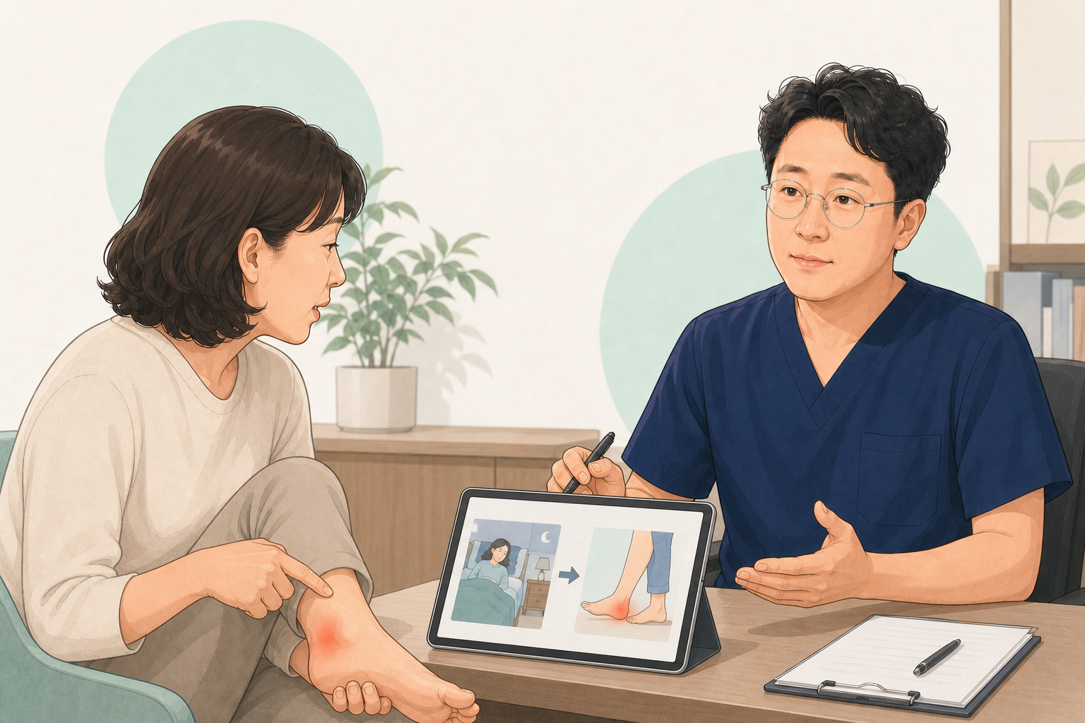 아침 첫발에 발뒤꿈치 안쪽이 아픈 환자와 증상을 상담하는 장회영 원장
