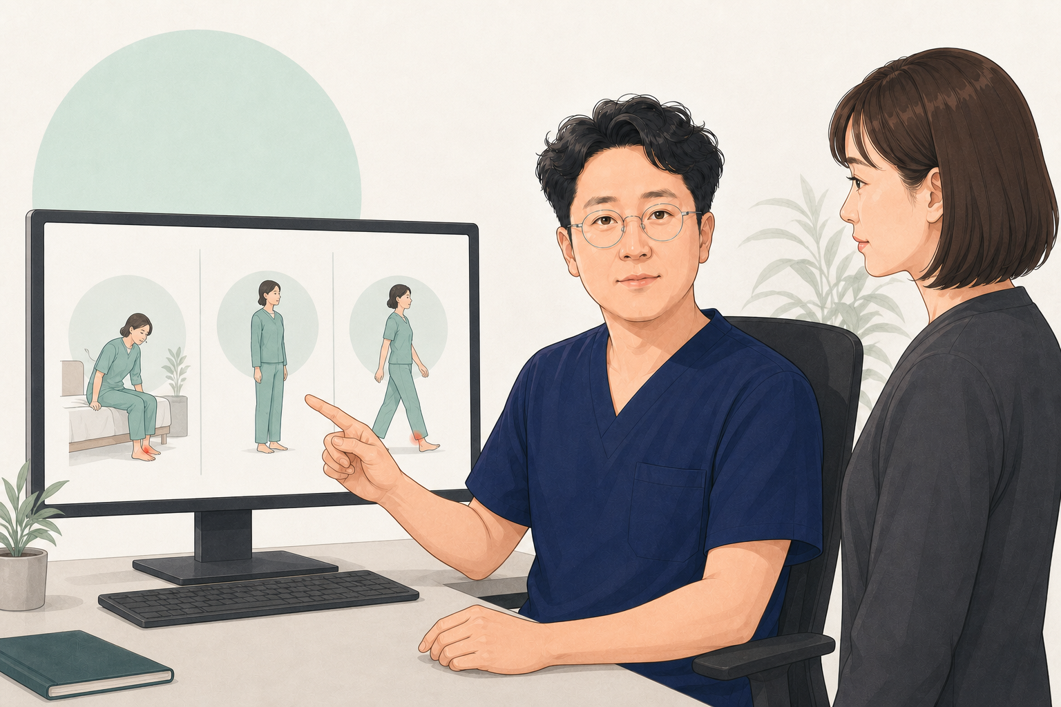 아침 첫걸음 서기 걷기의 변화를 화면으로 설명하는 장회영 원장
