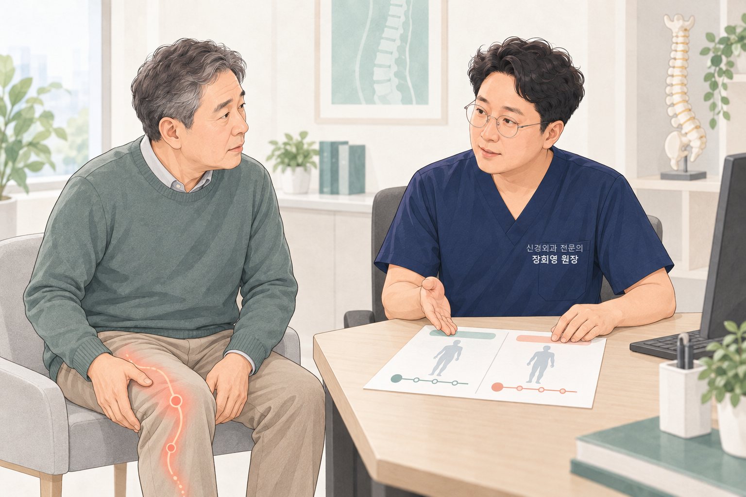 허리 수술 뒤 남은 다리 저림의 수술 전후 양상을 비교해 확인하는 진료 장면