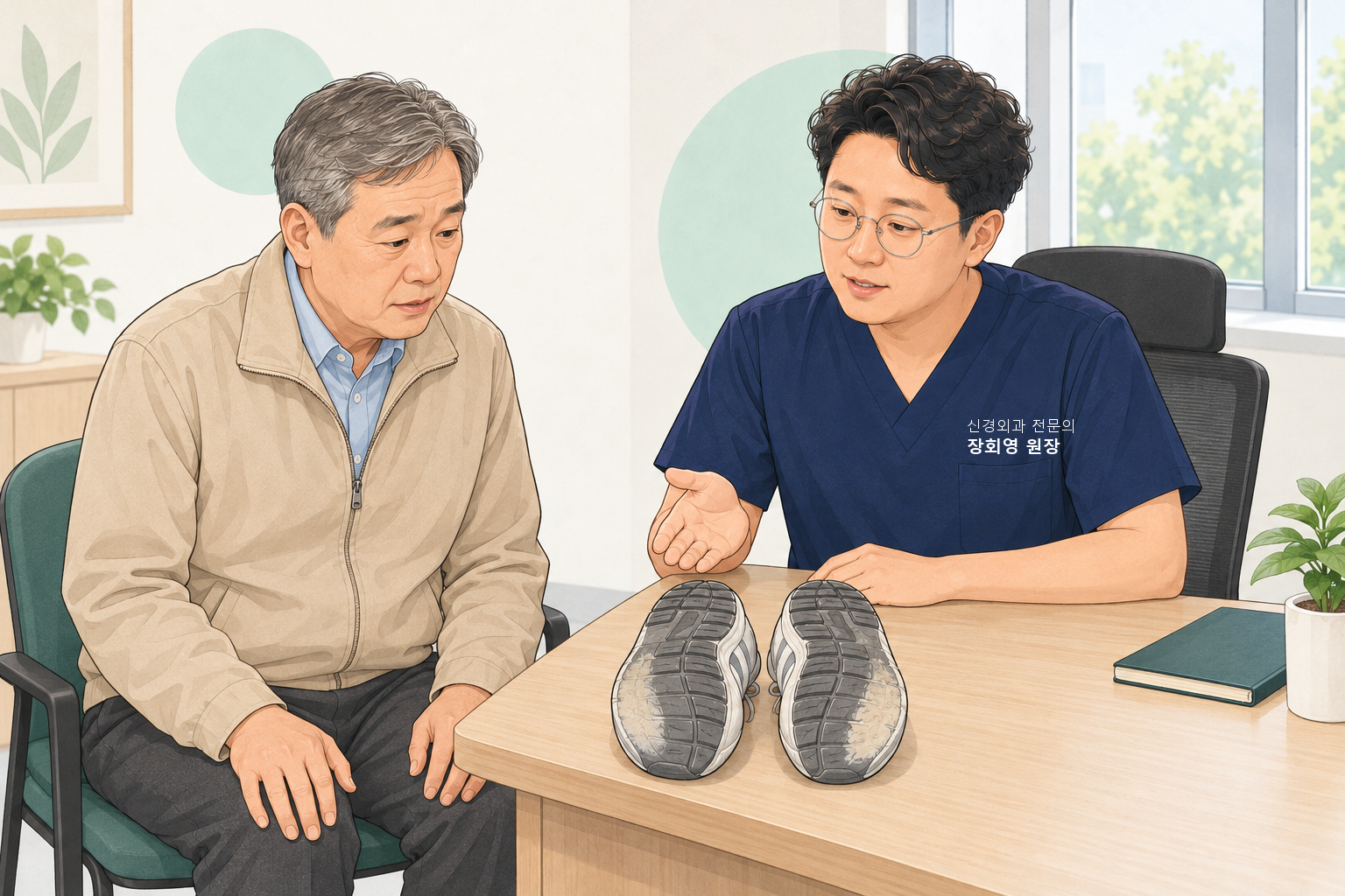 진료실에서 원장이 책상 위에 밑창을 위로 놓은 낡은 운동화 한 켤레를 손바닥으로 가리키며 설명하고 60대 남성 환자가 밑창을 내려다보는 장면