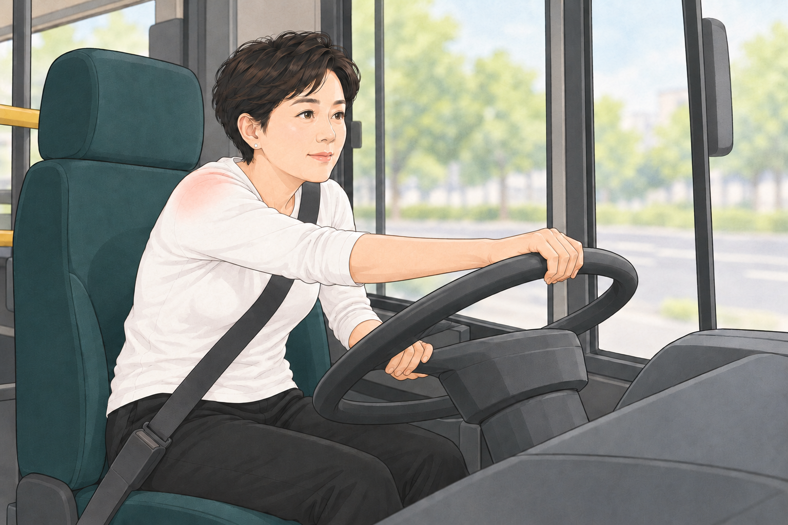 버스 운전석에 앉은 짧은 머리의 여성이 몸을 앞으로 조금 기울인 채 오른팔을 어깨 높이로 뻗어 큰 운전대 위쪽을 잡고 돌리는 장면. 왼손은 운전대 아래쪽을 잡고 있고 안전띠를 맸다. 오른쪽 어깨가 옅게 붉게 표시되어 있다. 창밖은 흐린 가로수와 길이다.