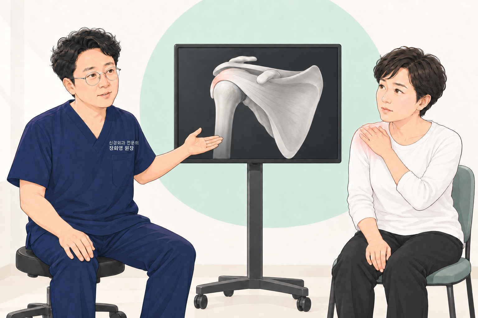 진료실에서 의자에 앉은 원장이 손바닥을 펴 가운데 모니터를 가리키며 설명하는 장면. 모니터에는 앞에서 본 오른쪽 어깨 그림이 있고, 날개뼈에서 시작한 힘줄이 위팔뼈 머리 위를 감싸며 붙는 부분이 옅게 붉게 표시되어 있다. 오른쪽 의자에 앉은 짧은 머리의 여성 환자가 왼손으로 오른쪽 어깨를 짚고 모니터를 보고 있다.