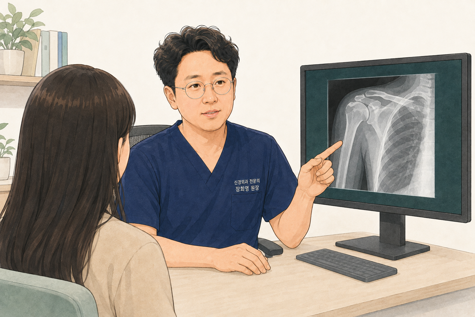 X-ray 결과와 어깨 움직임을 설명하는 장회영 원장 일러스트