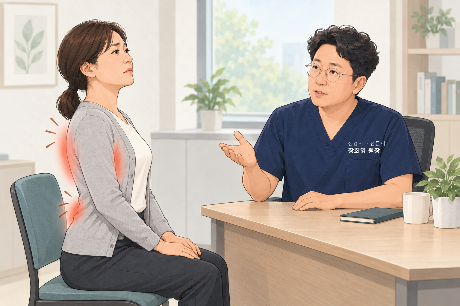 가슴을 억지로 펴고 앉아 등 양옆과 허리가 뻐근한 환자에게 원장이 손대지 않고 손바닥을 펴 설명하는 진료실 장면