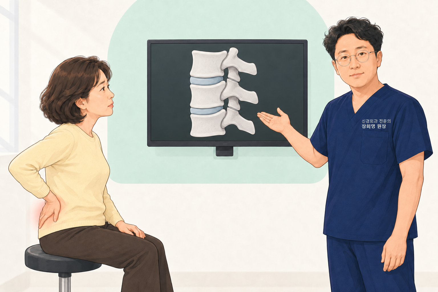 진료실 벽에 걸린 모니터에 옆에서 본 허리뼈 세 마디 그림이 있고, 옆에 선 원장이 손바닥으로 화면을 가리키며 설명하는 장면. 모니터 속 허리뼈는 앞쪽 뼈 사이에 디스크가 있고 뒤쪽에서 위아래 뼈가 작은 관절로 맞닿아 있다. 노란 니트를 입은 환자는 둥근 의자에 앉아 화면을 보며 오른손으로 오른쪽 허리 뒤쪽을 짚고 있고, 그 부위가 옅게 붉게 표시되어 있다.