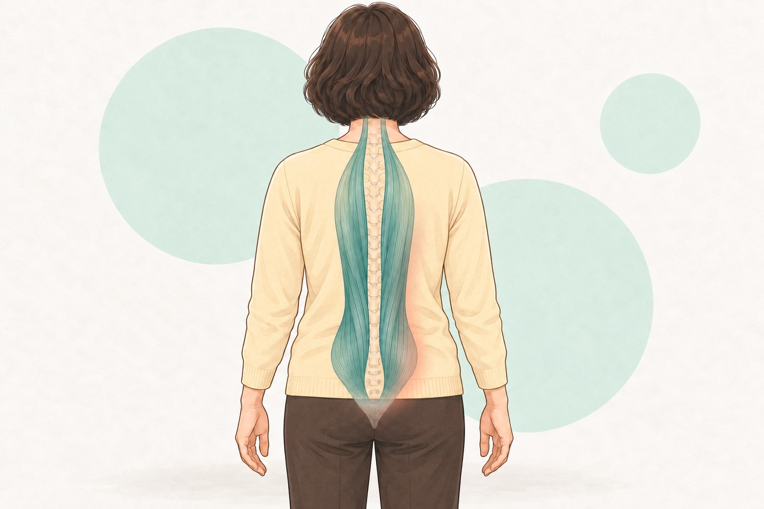 노란 니트를 입은 여성의 뒷모습 위에 척추 양옆을 따라 엉치뼈에서 목 아래까지 길게 이어진 청록색 근육 두 줄기가 겹쳐 그려져 있다. 오른쪽 아래 허리가 옅게 붉게 표시되어 있다.