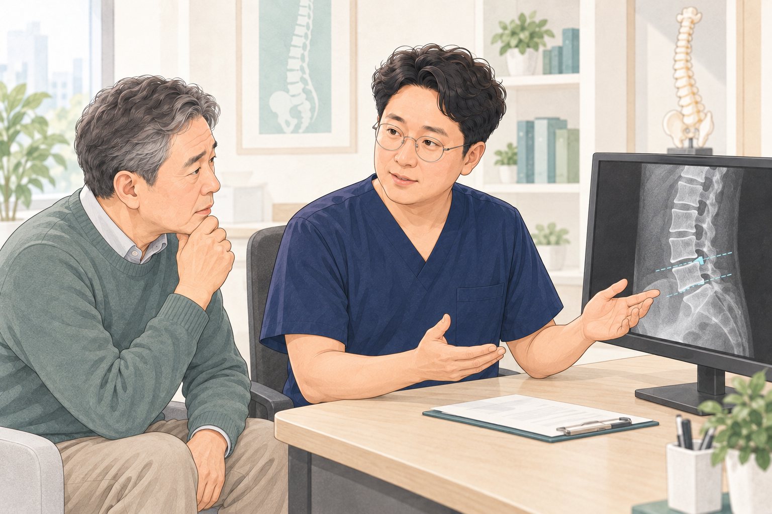 여수 신경외과 진료실에서 척추전방전위증 X-ray와 현재 증상을 함께 확인하는 장면