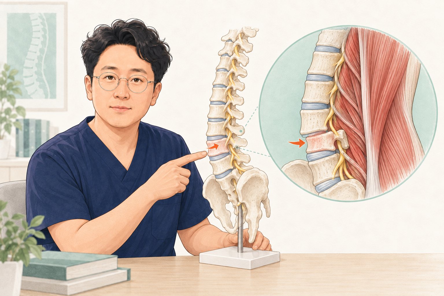 척추전방전위증의 전위 분절과 주변 깊은 근육 및 표층 근육을 설명하는 도해