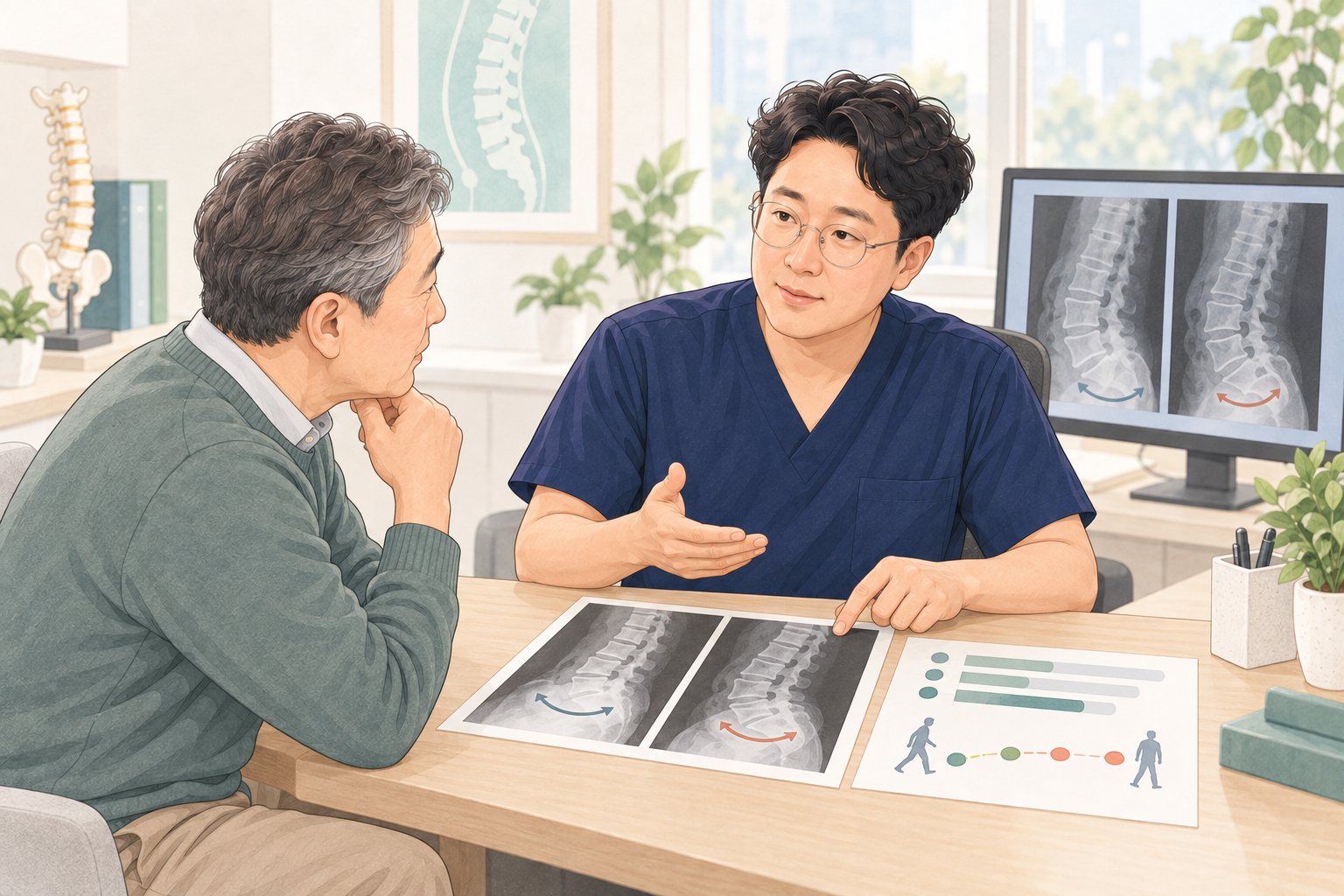 굴곡 신전 X-ray와 걷는 거리 및 통증 간격 기록으로 전방전위증 경과를 확인하는 진료 장면