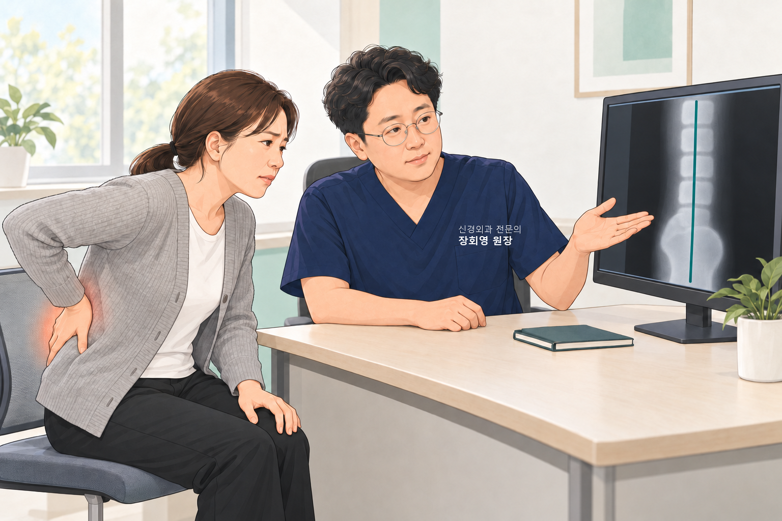 진료실에서 원장이 모니터의 허리 영상을 손바닥으로 가리키며 설명하고, 허리에 손을 짚은 환자가 몸을 조금 숙인 채 화면을 보는 장면